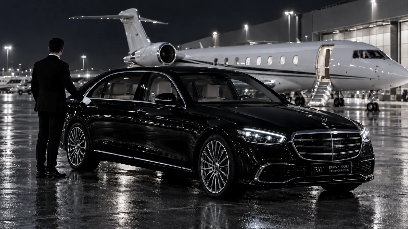 Mercedes Classe S noire près d'un jet d'affaires à Paris-Le Bourget, de nuit, pour le trajet aéroport du Bourget – Châlons-en-Champagne