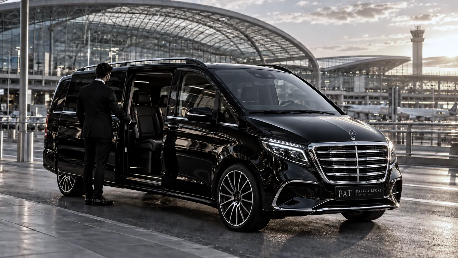 Chauffeur PAT accueillant ses passagers dans un Classe V à l'aéroport Charles-de-Gaulle, pour un transfert à prix fixe, direction Honfleur
