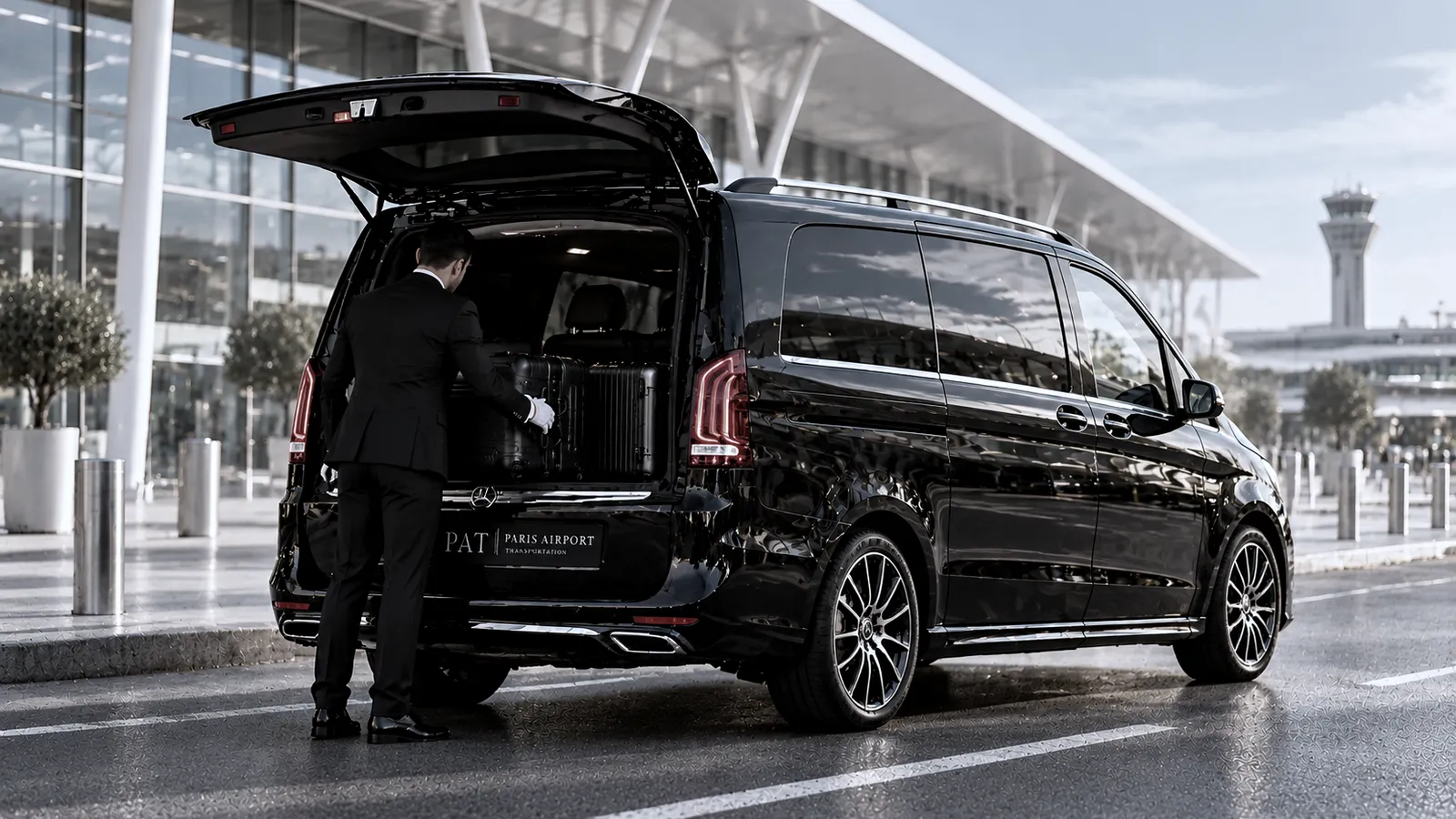 Chauffeur PAT en gants blancs rangeant les bagages à Orly, pour un transfert à prix fixe, direction Châlons-en-Champagne
