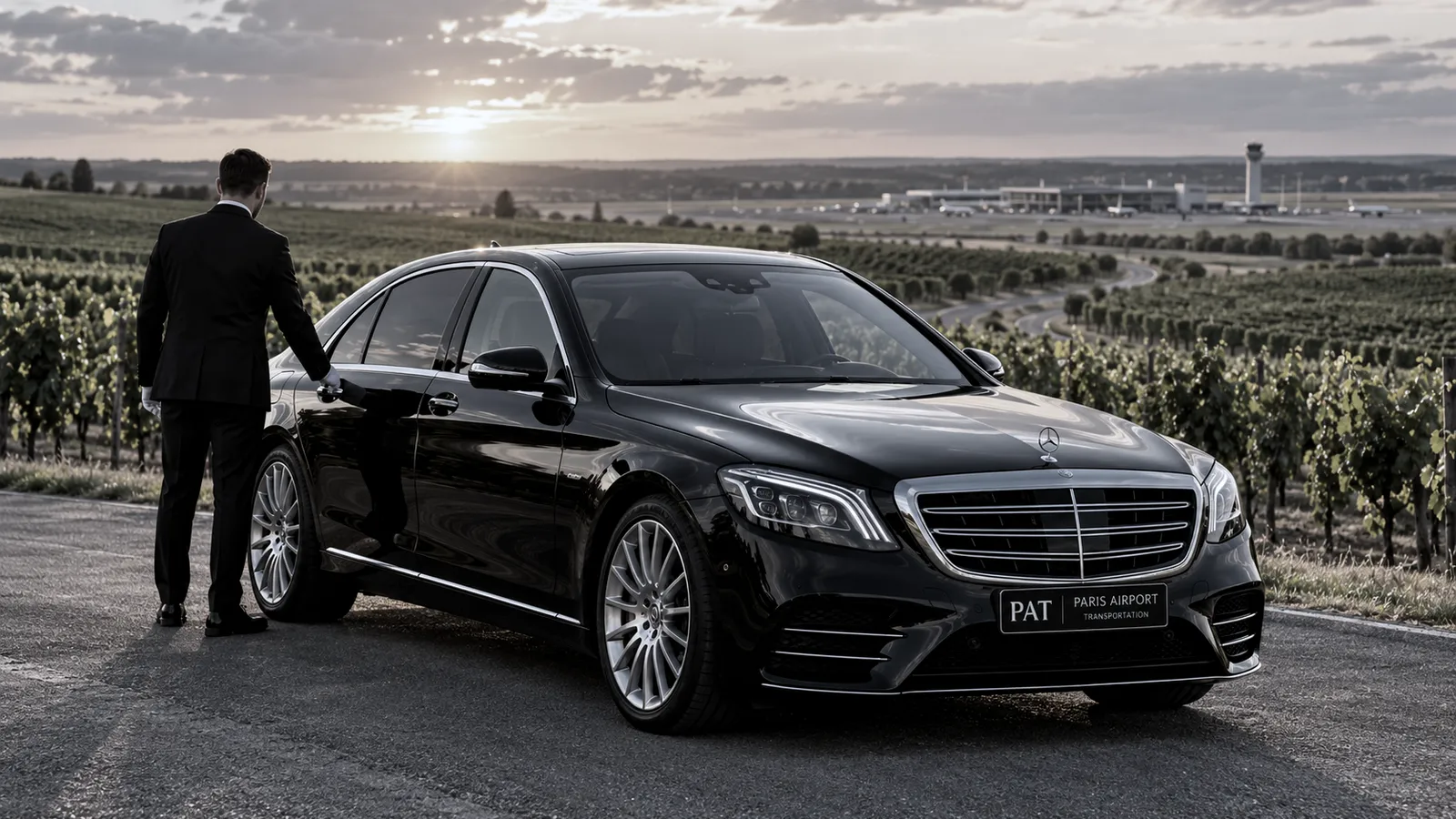 Mercedes Classe S avec chauffeur au milieu des vignes de Champagne près de l'aéroport de Vatry, pour le trajet aéroport de Vatry – Châlons-en-Champagne